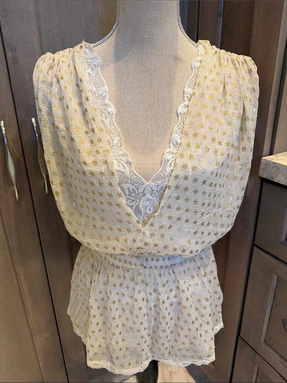 Free People Brand Ivory Lace-Trim Star Print Top